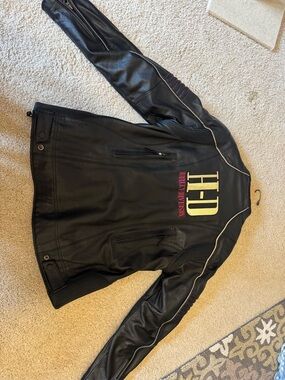 H-D Black Leather Motorcycle Jacket with Pink and Reflective Logo